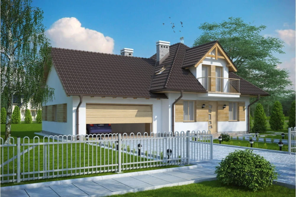 Projekt domu Bartne G tech. DM-6499 G tech., jednorodzinny, parterowy, z poddaszem mieszkalnym, bez podpiwniczenia, z garażem dwustanowiskowym - kolorystyka wersja 2