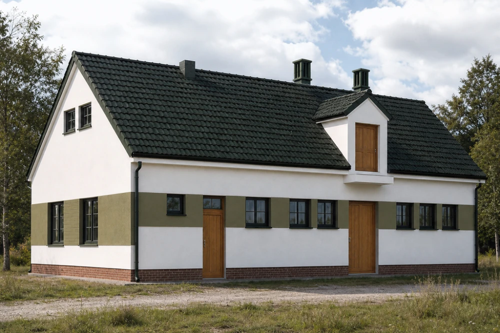 Projekt obory ZG-11, parterowy ze strychem, niepodpiwniczony - wizualizacja elewacji frontowej