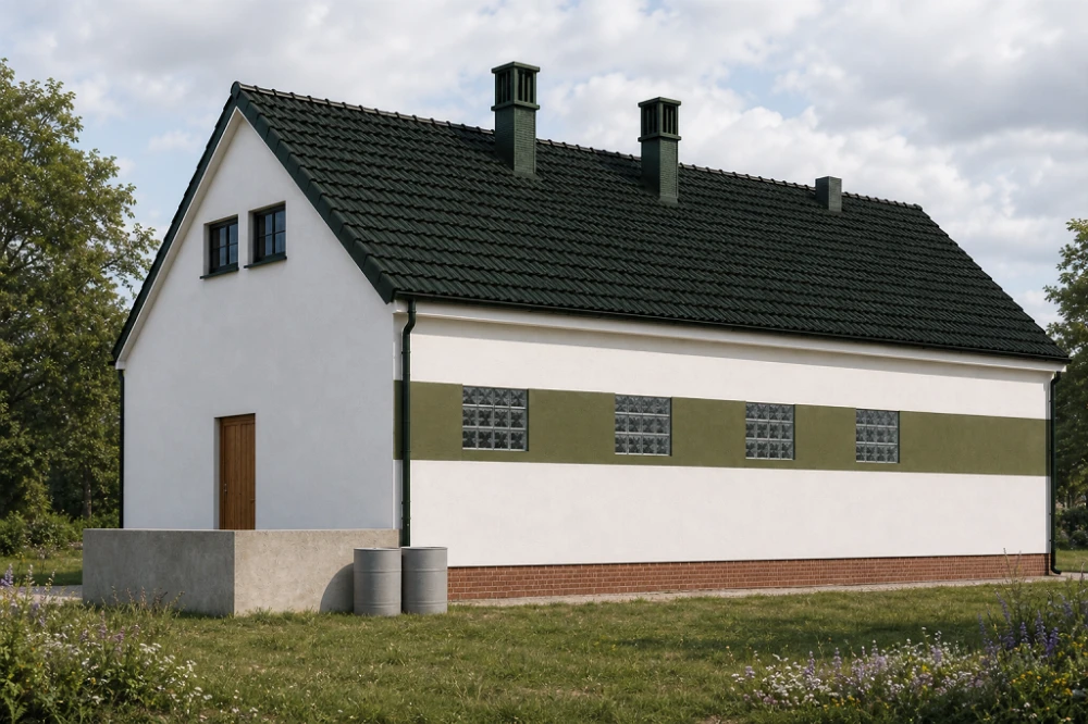 Projekt obory ZG-11, parterowy ze strychem, niepodpiwniczony - wizualizacja elewacji ogrodowej