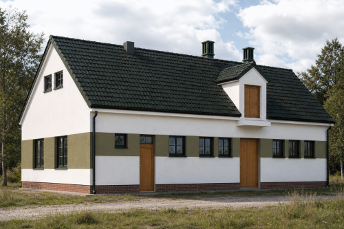 Projekt obory tech. ZG-11 tech., parterowy ze strychem, niepodpiwniczony - wizualizacja elewacji frontowej