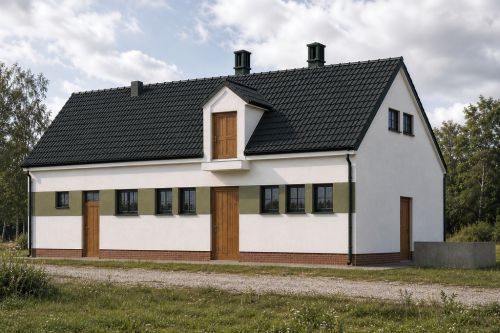 Projekt obory tech. ZG-11 tech., parterowy ze strychem, niepodpiwniczony - wizualizacja elewacji prawej