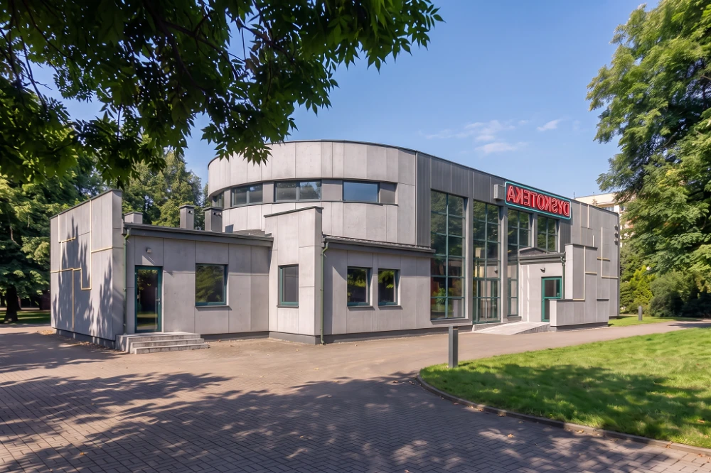 Projekt dyskoteki LK-10, budynek parterowy z antresolą, częściowo podpiwniczony - wizualizacja elewacji lewej