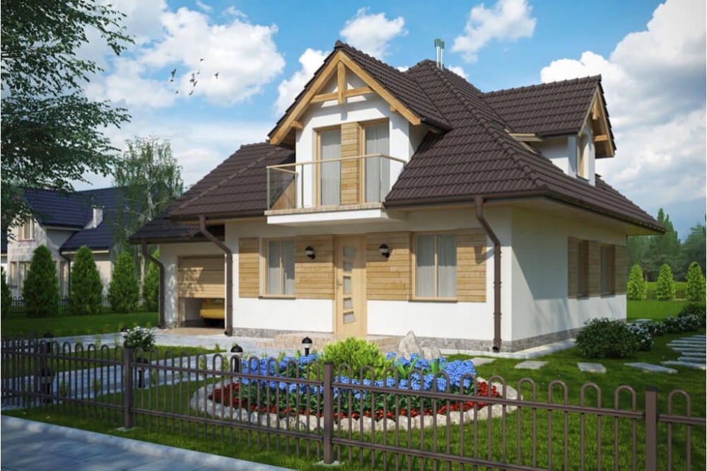 Projekt domu Bartne tech. DM-6499 tech., jednorodzinny, parterowy, z poddaszem mieszkalnym, bez podpiwniczenia, z garażem jednostanowiskowym - kolorystyka wersja 2