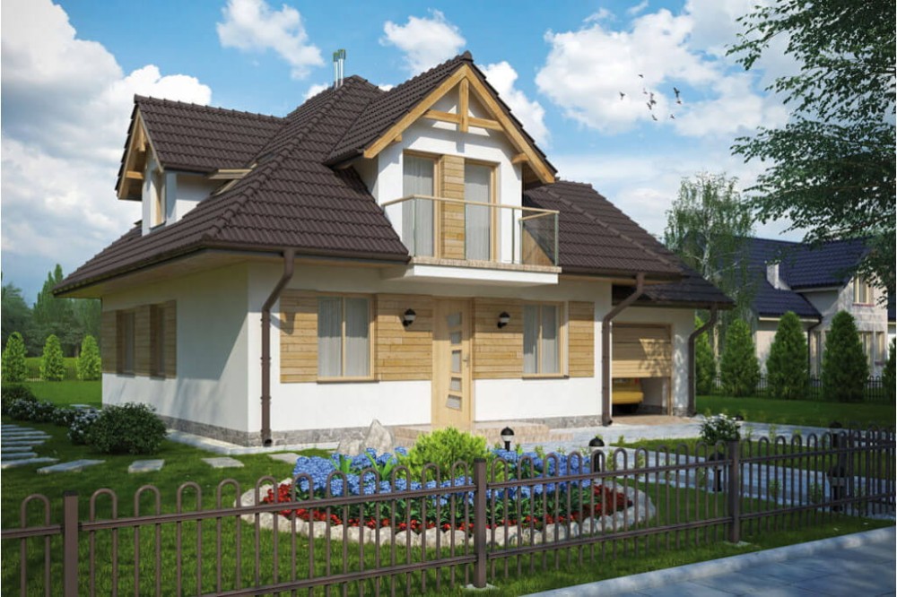 Projekt domu Bartne 2 tech. L-6499 tech., jednorodzinny, parterowy, z poddaszem mieszkalnym, bez podpiwniczenia, z garażem jednostanowiskowym - kolorystyka wersja 2
