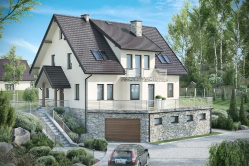 Projekt domu Cyniów DM-6547, parterowy z poddaszem mieszkalnym, częściowo podpiwniczony, z garażem - kolorystyka wersja 1