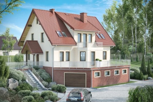 Projekt domu Cyniów DM-6547, parterowy z poddaszem mieszkalnym, częściowo podpiwniczony, z garażem - kolorystyka wersja 2