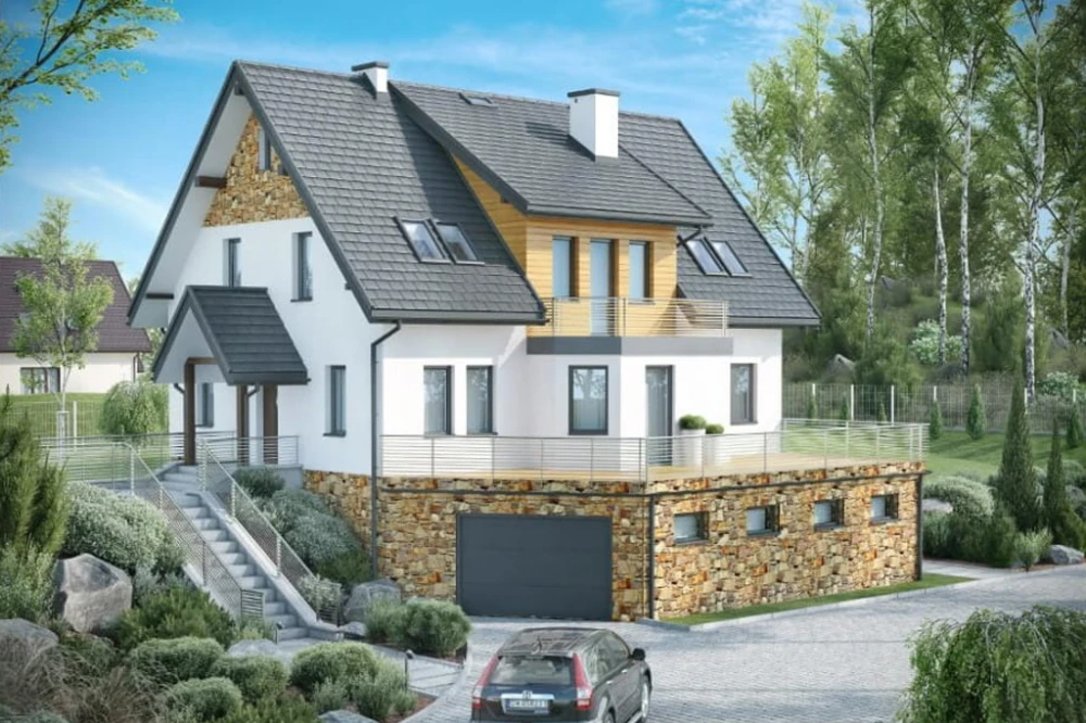 Projekt domu Cyniów DM-6547, parterowy z poddaszem mieszkalnym, częściowo podpiwniczony, z garażem - kolorystyka wersja 4