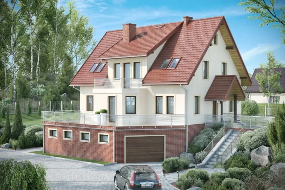 Projekt domu Cyniów 2 L-6547, parterowy z poddaszem mieszkalnym, częściowo podpiwniczony, z garażem - kolorystyka wersja 2