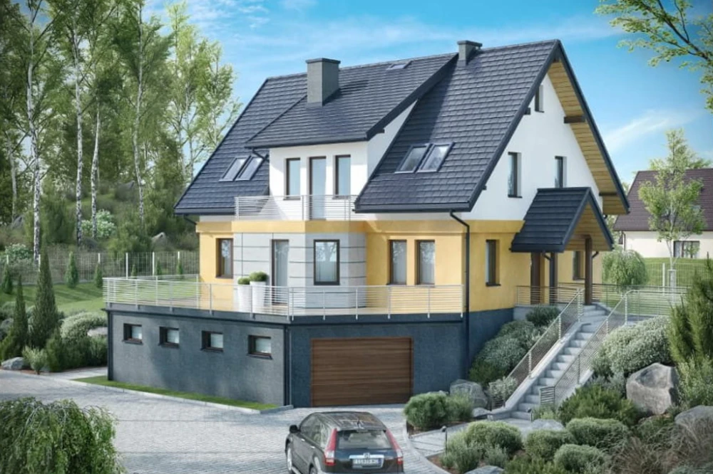 Projekt domu Cyniów 2 L-6547, parterowy z poddaszem mieszkalnym, częściowo podpiwniczony, z garażem - kolorystyka wersja 3