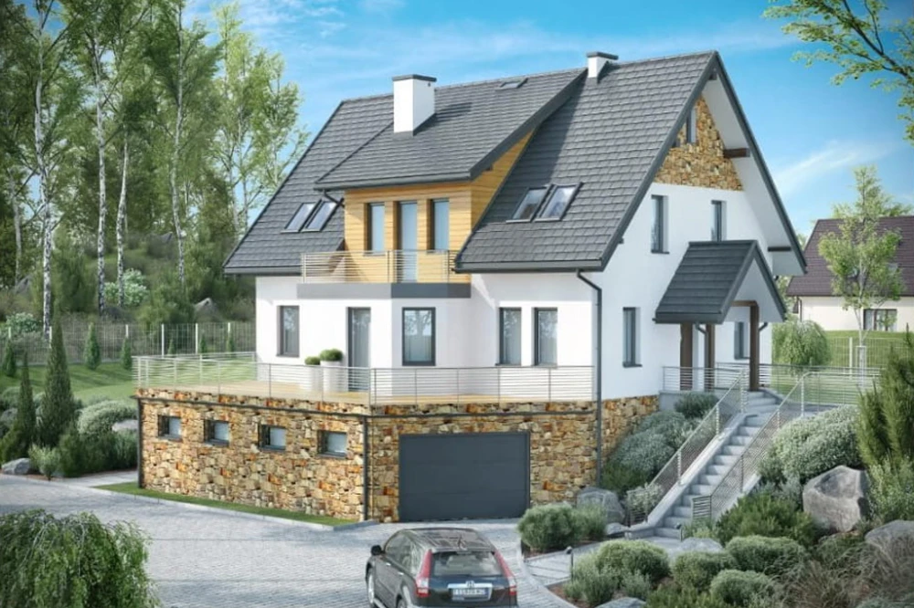 Projekt domu Cyniów 2 L-6547, parterowy z poddaszem mieszkalnym, częściowo podpiwniczony, z garażem - kolorystyka wersja 4