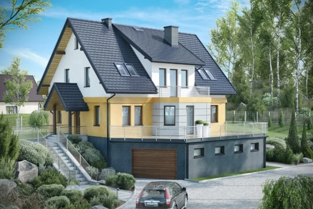 Projekt domu Cyniów tech. DM-6547 tech., parterowy z poddaszem mieszkalnym, częściowo podpiwniczony, z garażem - kolorystyka wersja 3