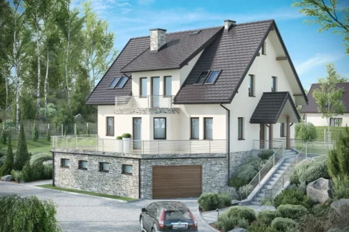 Projekt domu Cyniów 2 tech. L-6547 tech., parterowy z poddaszem mieszkalnym, częściowo podpiwniczony, z garażem - kolorystyka wersja 1