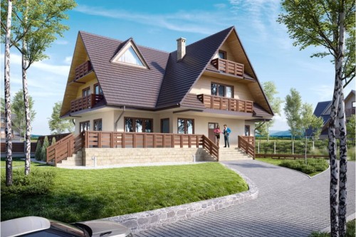 Projekt domu Zakopane tech. DM-6551 tech., piętrowy z poddaszem mieszkalnym, podpiwniczony, z garażem - kolorystyka wersja 2