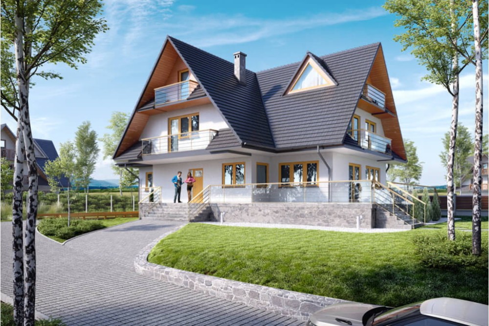 Projekt domu Zakopane 2 tech. L-6551 tech., piętrowy z poddaszem mieszkalnym, podpiwniczony, z garażem - kolorystyka wersja 4