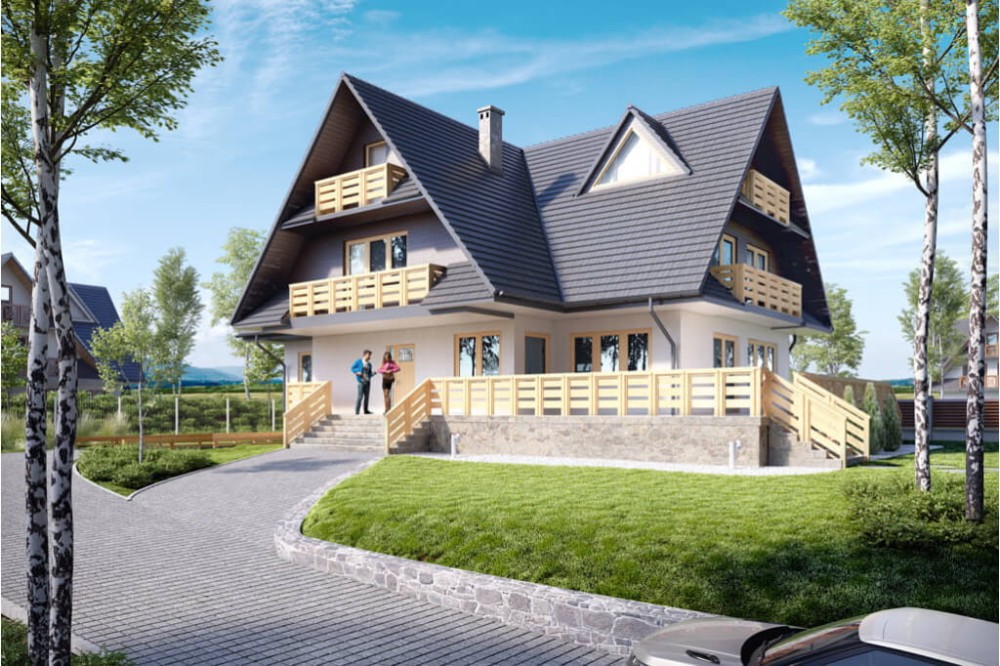 Projekt domu Zakopane 2 tech. L-6551 tech., piętrowy z poddaszem mieszkalnym, podpiwniczony, z garażem - kolorystyka wersja 3