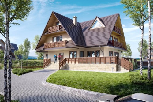 Projekt domu Zakopane 2 tech. L-6551 tech., piętrowy z poddaszem mieszkalnym, podpiwniczony, z garażem - kolorystyka wersja 2