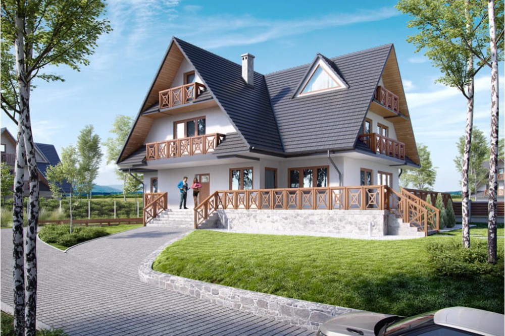Projekt domu Zakopane 2 tech. L-6551 tech., piętrowy z poddaszem mieszkalnym, podpiwniczony, z garażem - kolorystyka wersja 1