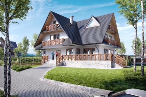 Projekt domu Zakopane 2 tech. L-6551 tech., piętrowy z poddaszem mieszkalnym, podpiwniczony, z garażem - kolorystyka wersja 1