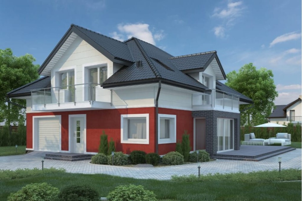 Projekt domu Lilaków tech. DM-6553 tech., parterowy z poddaszem użytkowym, niepodpiwniczony z garażem jednostanowiskowym - kolorystyka wersja 3