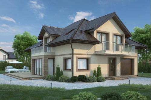 Projekt domu Lilaków 2 tech. L-6553 tech., parterowy z poddaszem użytkowym, niepodpiwniczony z garażem jednostanowiskowym - kolorystyka wersja 2