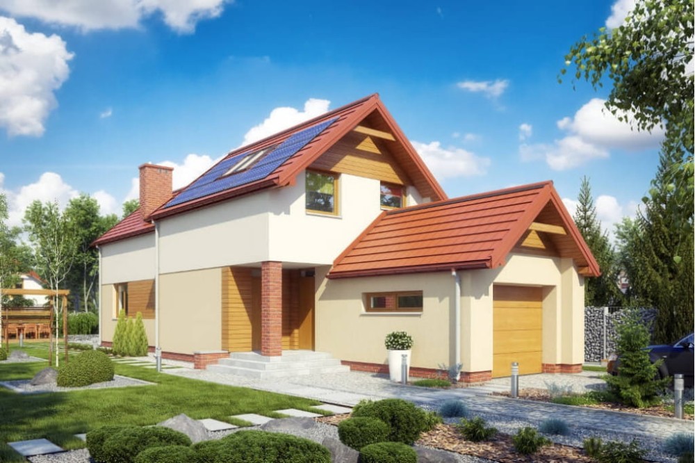Projekt domu Dalianowo 2 tech. L-6555 tech., parterowy z poddaszem mieszkalnym, bez podpiwniczenia z garażem, na wąską działkę - kolorystyka wersja 4