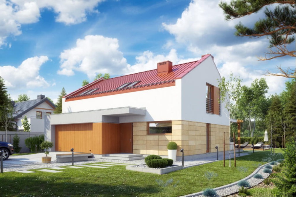 Projekt domu Magnolin tech. DM-6557 tech., parterowy z poddaszem mieszkalnym, bez podpiwniczenia z garażem dwustanowiskowym - kolorystyka wersja 4