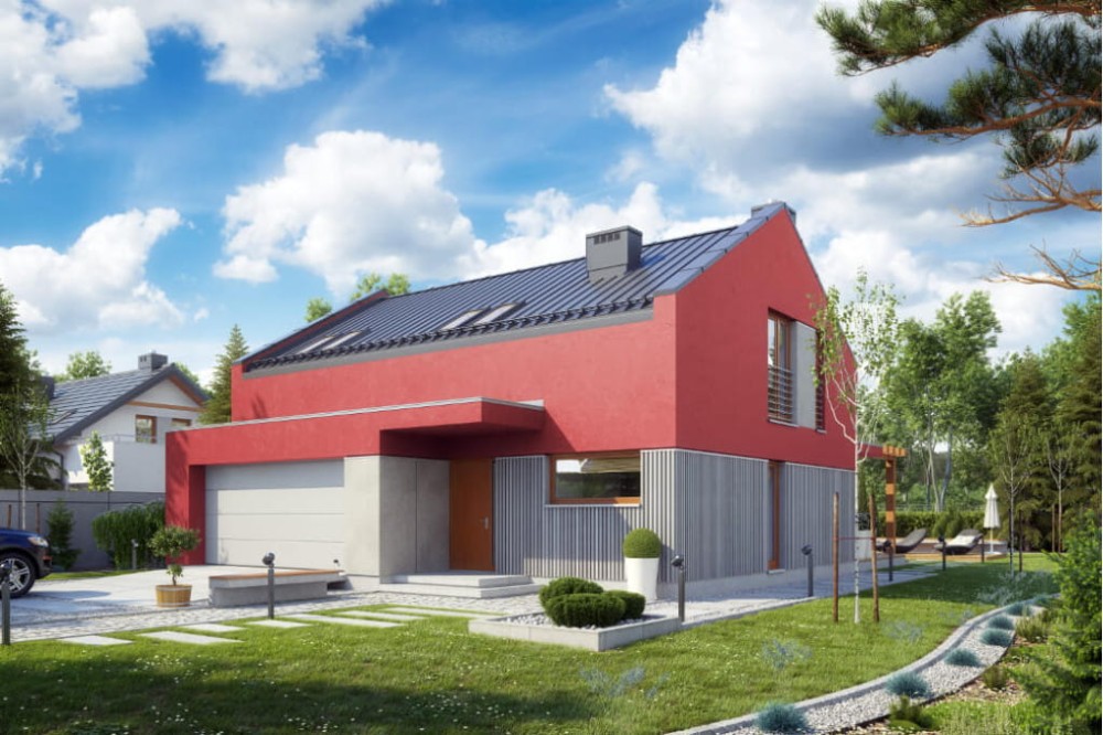 Projekt domu Magnolin tech. DM-6557 tech., parterowy z poddaszem mieszkalnym, bez podpiwniczenia z garażem dwustanowiskowym - kolorystyka wersja 2