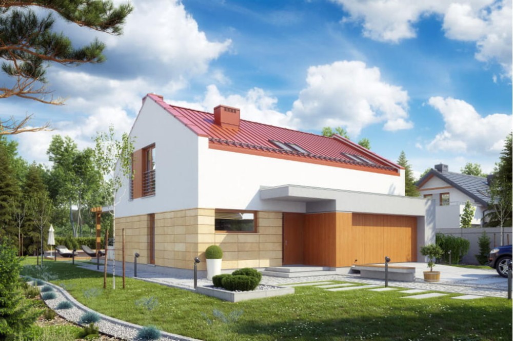 Projekt domu Magnolin 2 tech. L-6557 tech., parterowy z poddaszem mieszkalnym, bez podpiwniczenia z garażem dwustanowiskowym - kolorystyka wersja 4