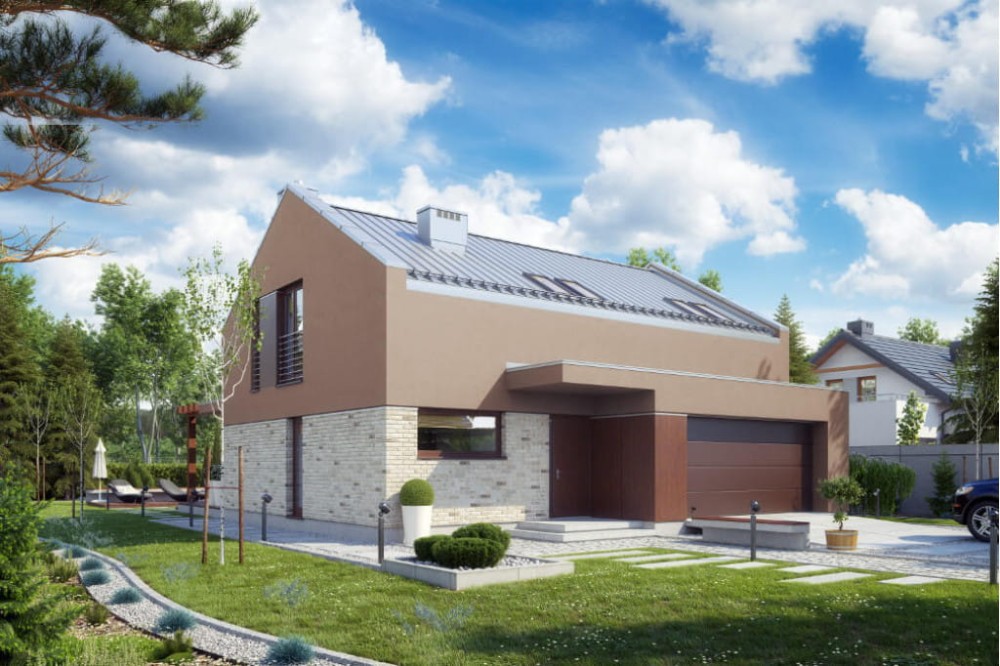 Projekt domu Magnolin 2 tech. L-6557 tech., parterowy z poddaszem mieszkalnym, bez podpiwniczenia z garażem dwustanowiskowym - kolorystyka wersja 3