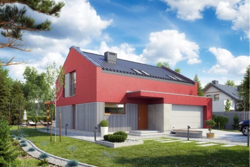 Projekt domu Magnolin 2 tech. L-6557 tech., parterowy z poddaszem mieszkalnym, bez podpiwniczenia z garażem dwustanowiskowym - kolorystyka wersja 2