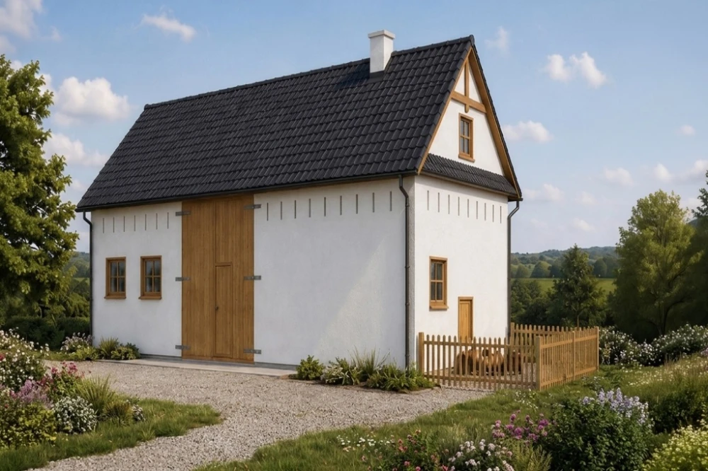 Projekt obory, kurnika, chlewni ZG-07, parterowy ze strychem, bez podpiwniczenia - wizualizacja elewacji ogrodowej ujęcie 2