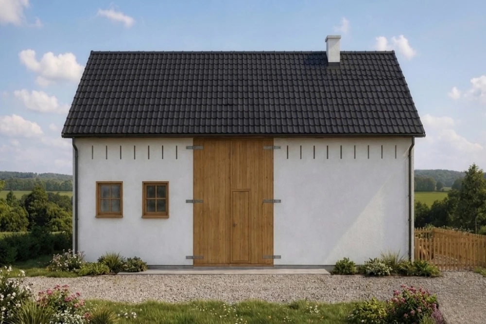 Projekt obory, kurnika, chlewni ZG-07, parterowy ze strychem, bez podpiwniczenia - wizualizacja elewacji ogrodowej