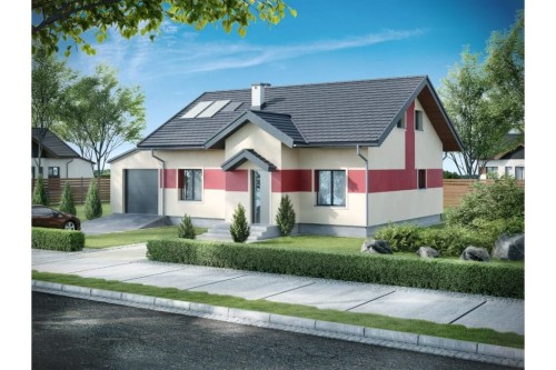 Projekt domu Barwinkowo 2 tech. L-6565 tech., parterowy, niepodpiwniczony z garażem jednostanowiskowym oraz antresolą - kolorystyka wersja 2