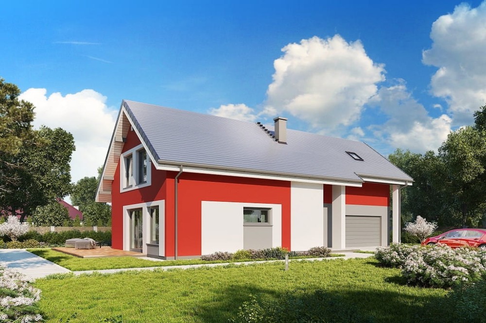 Projekt domu Aples tech. DM-6683 tech., parterowy z poddaszem użytkowym, z garażem dwustanowiskowym, niepodpiwniczony - kolorystyka wersja 4