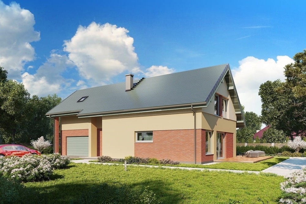 Projekt domu Aples 2 tech. L-6683 tech., parterowy z poddaszem użytkowym, z garażem dwustanowiskowym, niepodpiwniczony - kolorystyka wersja 3