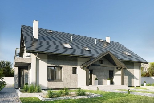 Projekt domu Etulo 2 tech. L-6729 tech., dwulokalowy, parterowy z poddaszem użytkowym, niepodpiwniczony, bez garażu - kolorystyka wersja 2