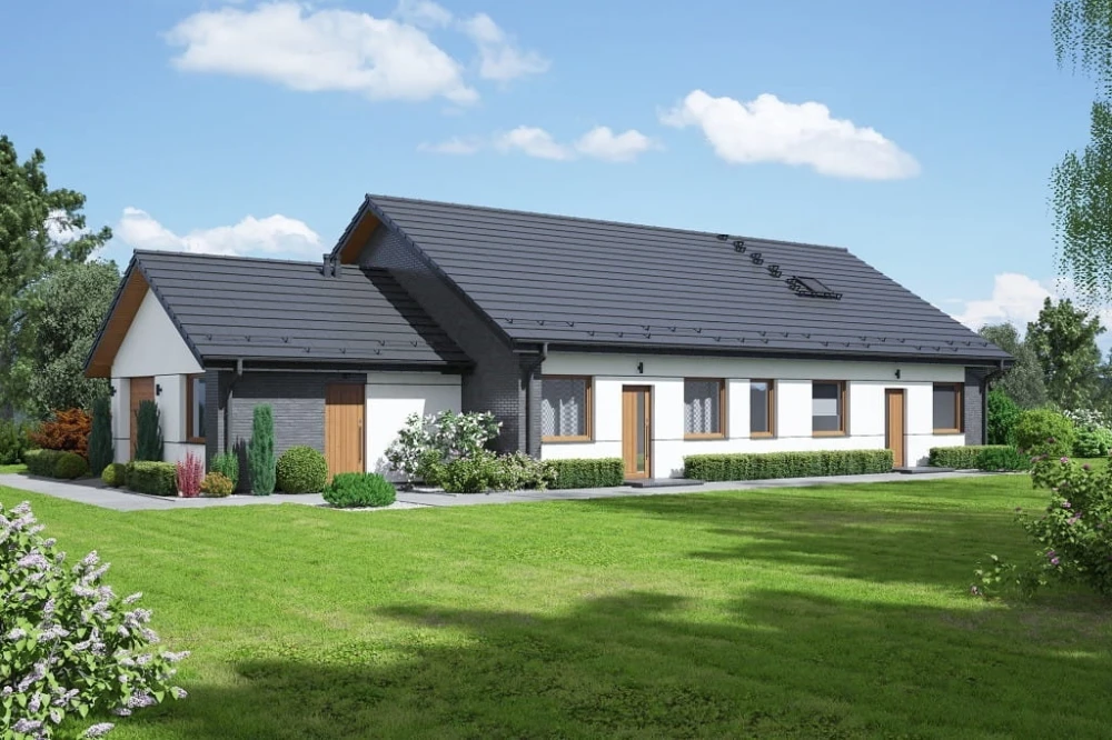 Projekt domu Liger 2 tech. L-6730 tech., dwulakalowy, parterowy, niepodpiwniczony, z garażem jednostanowiskowym - kolorystyka wersja 4