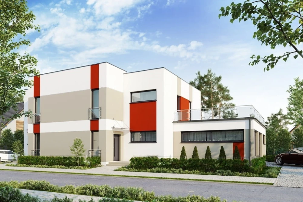 Projekt domu Laria 2 tech. L-6680 tech., piętrowy, niepodpiwniczony z garażem dwustanowiskowym - kolorystyka wersja 2
