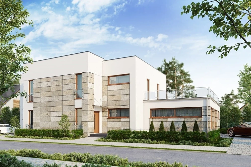 Projekt domu Laria 2 tech. L-6680 tech., piętrowy, niepodpiwniczony z garażem dwustanowiskowym - kolorystyka wersja 3