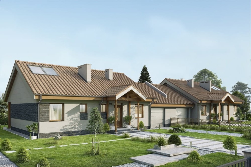 Projekt domu Arcus tech. DM-6721 tech.,  bliźniak, parterowy, z garażem jednostanowiskowym, niepodpiwniczony - kolorystyka wersja 3