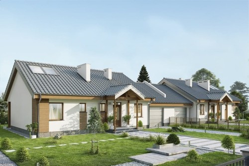 Projekt domu Arcus tech. DM-6721 tech.,  bliźniak, parterowy, z garażem jednostanowiskowym, niepodpiwniczony - kolorystyka wersja 2