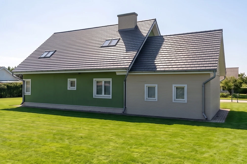 Projekt domu Fiołki 2 L-6577, parterowy z poddaszem mieszkalnym, bez podpiwniczenia, z garażem dwustanowiskowym - wizualizacja elewacji ogrodowej