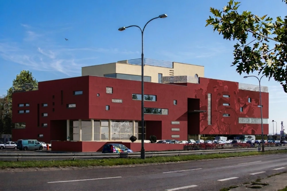 Projekt multipleksu K-64, pięciokondygnacyjny, podpiwniczony z parkingiem podziemnym - kolorystyka wersja 4