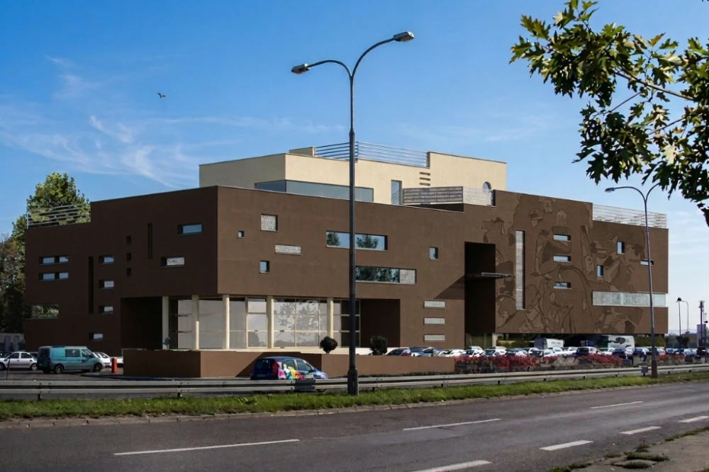 Projekt multipleksu K-64, pięciokondygnacyjny, podpiwniczony z parkingiem podziemnym - kolorystyka wersja 3