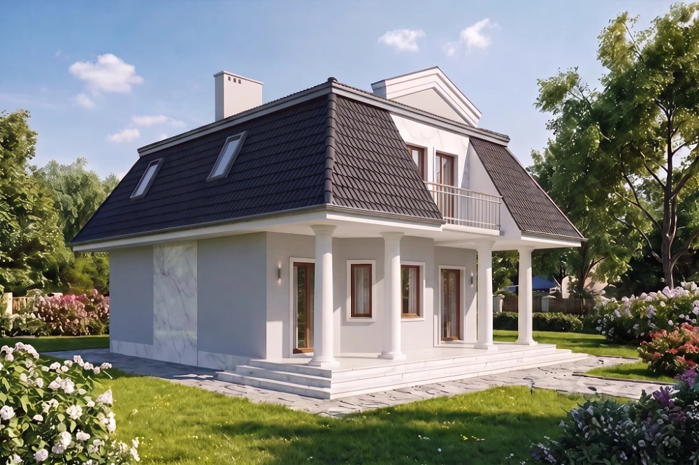 Projekt domu Przybysławice 2 L-5530, parterowy z poddaszem mieszkalnym, częściowo podpiwniczony - wizualizacja elewacji prawej
