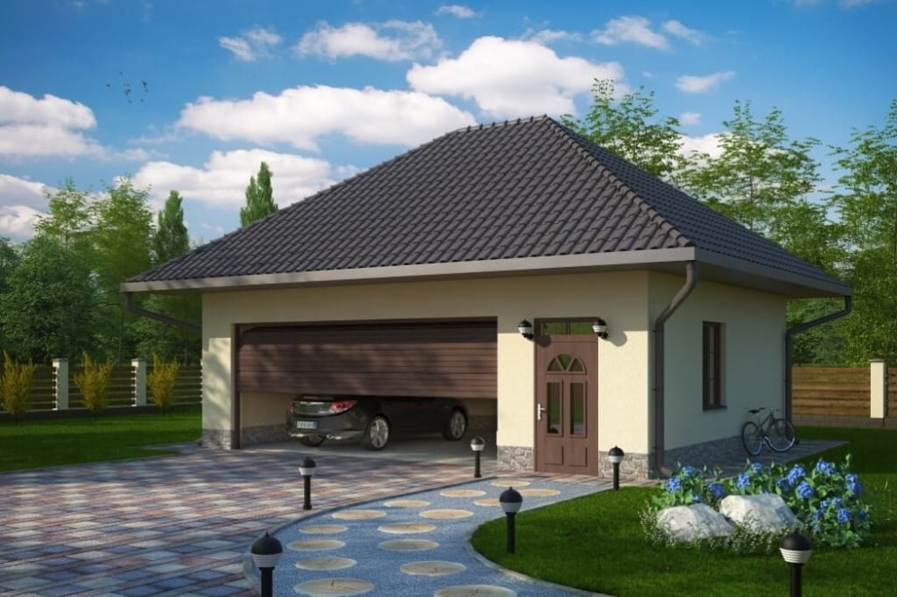 Projekt garażu dwustanowiskowego tech. LZG-87 tech., parterowy, ze strychem, niepodpiwniczony - kolorystyka wersja 4