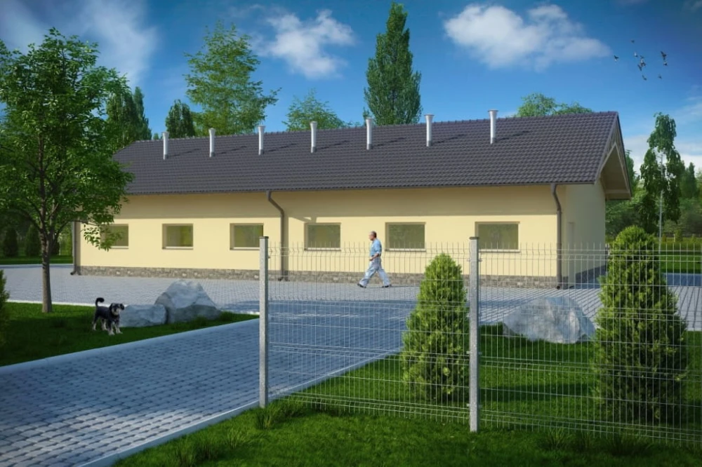 Projekt tuczarnii tech. LZG-82 tech., parterowy, niepodpiwniczony, bez poddasza - kolorystyka wersja 1