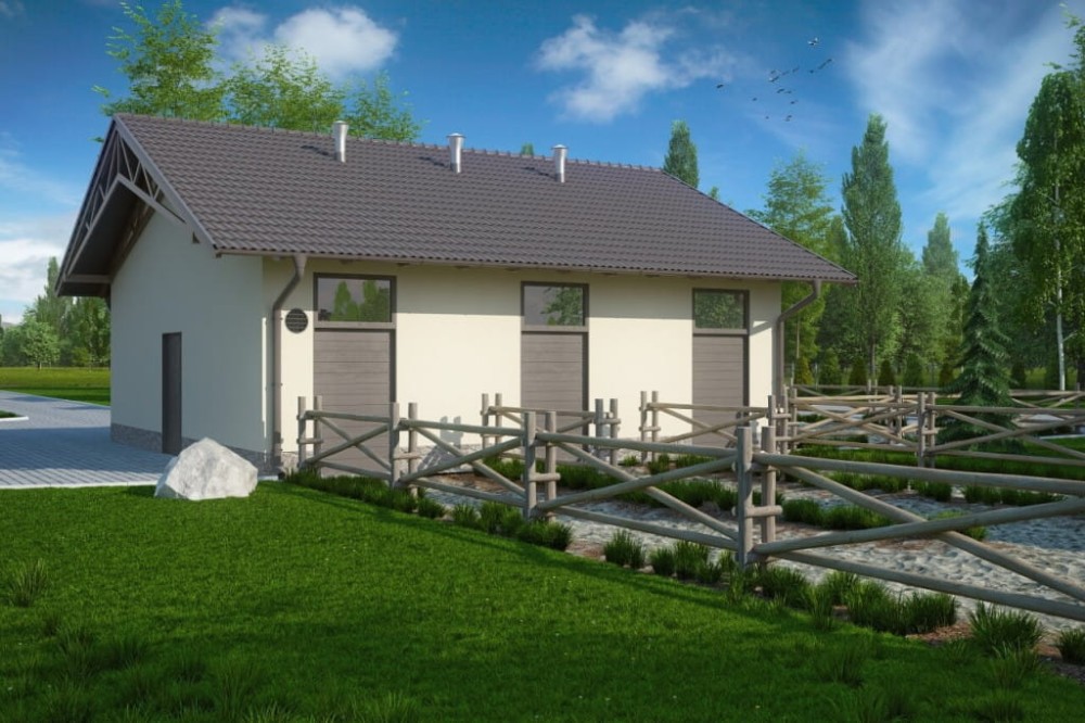 Projekt stajnii tech. LZG-79 tech., parterowy, niepodpiwniczony, bez poddasza - kolorystyka wersja 3