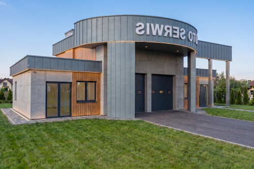 Projekt warsztatu samochodowego LK-08 B, budynek parterowy, bez podpiwniczenia - wizualizacja elewacji lewej