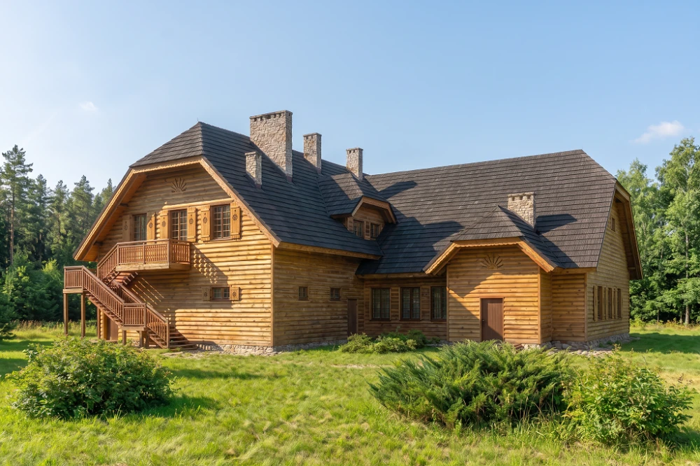 Projekt restauracji K-19, budynek parterowy z poddaszem użytkowym, bez podpiwniczenia - wizualizacja elewacji ogrodowej